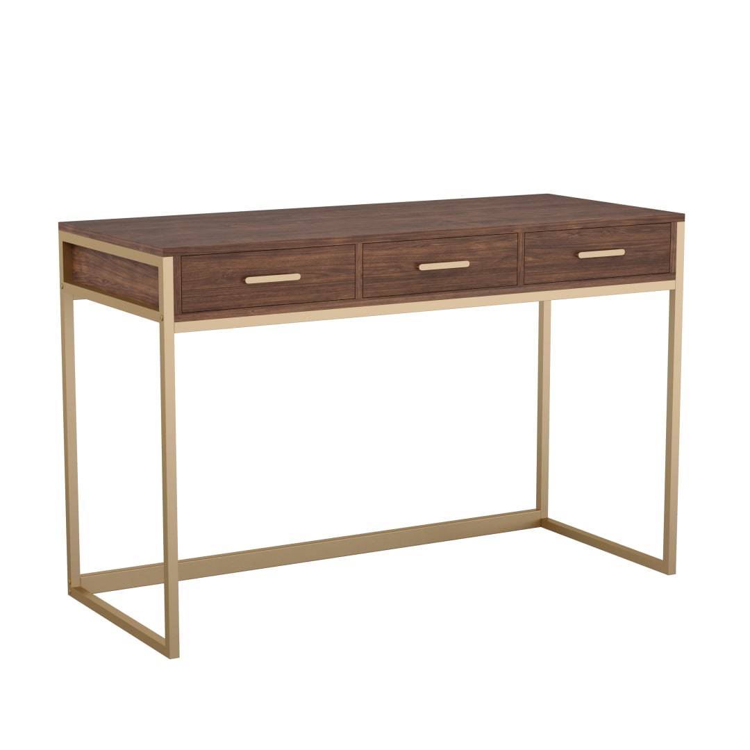 Ollie Home Office Desk with 3 Drawers in Walnut Wood Grain with Polished Brass Hardware