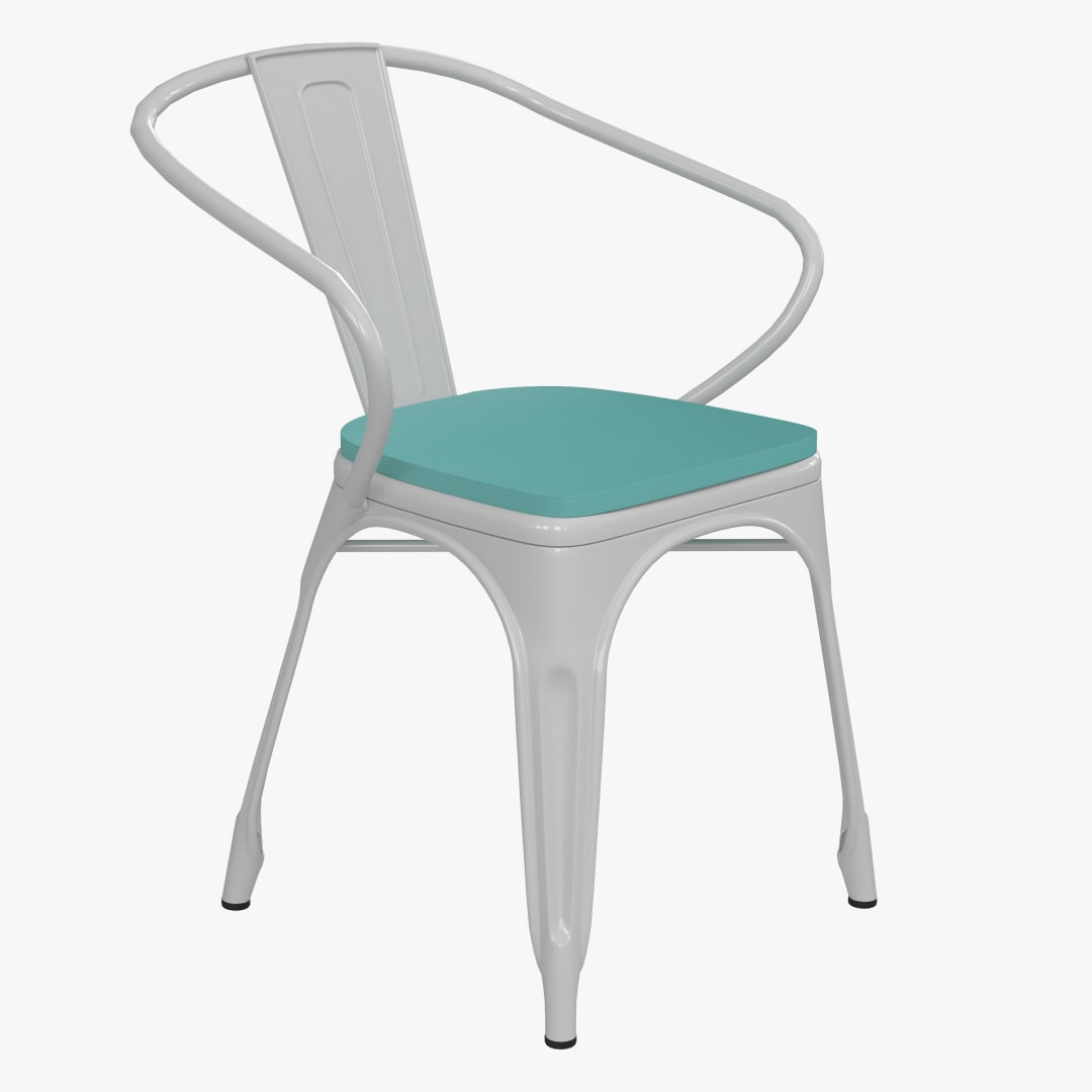 Luna Commercial Grade White Metal Indoor-Outdoor Chair with Arms with Mint Green Poly Resin Wood Seat