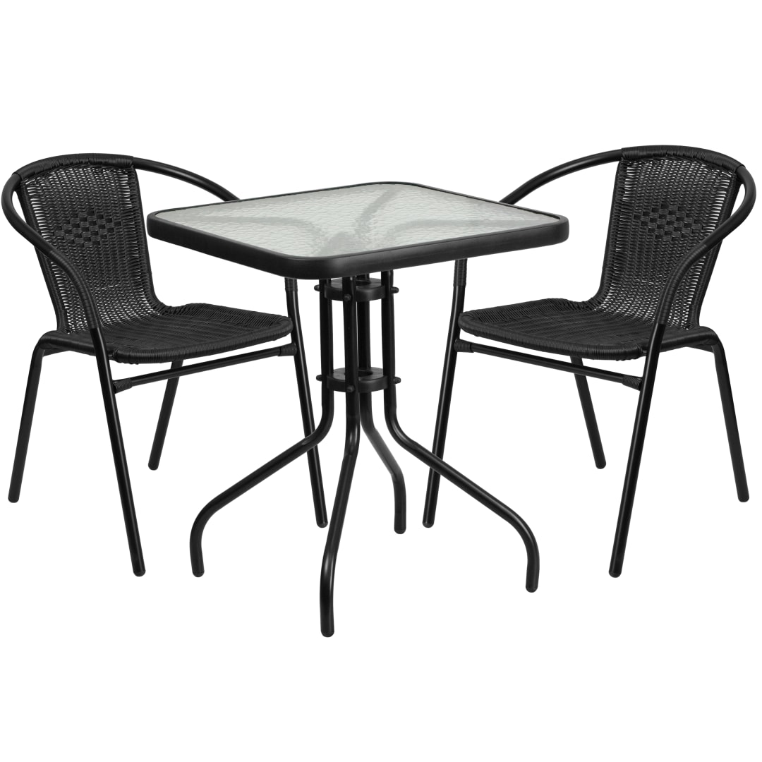 Lila 23.5'' Square Glass Metal Table with 2 Black Rattan Stack Chairs