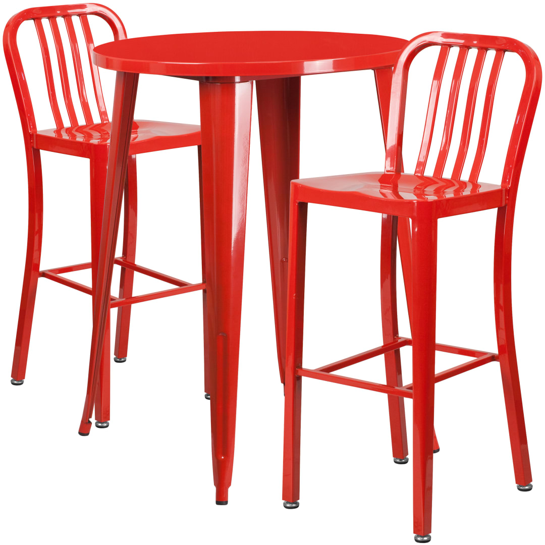 Brad Commercial Grade 30" Round Red Metal Indoor-Outdoor Bar Table Set with 2 Vertical Slat Back Stools