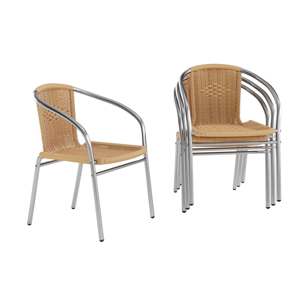 Lila 4 Pack Commercial Aluminum and Beige Rattan Indoor-Outdoor Restaurant Stack Chair