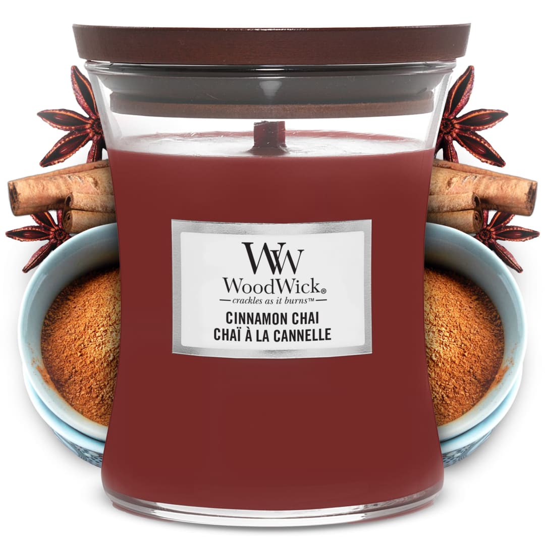WoodWick® Medium Hourglass Scented Candle | Cinnamon Chai | with Crackling Wick | Burn Time: Up to 60 Hours