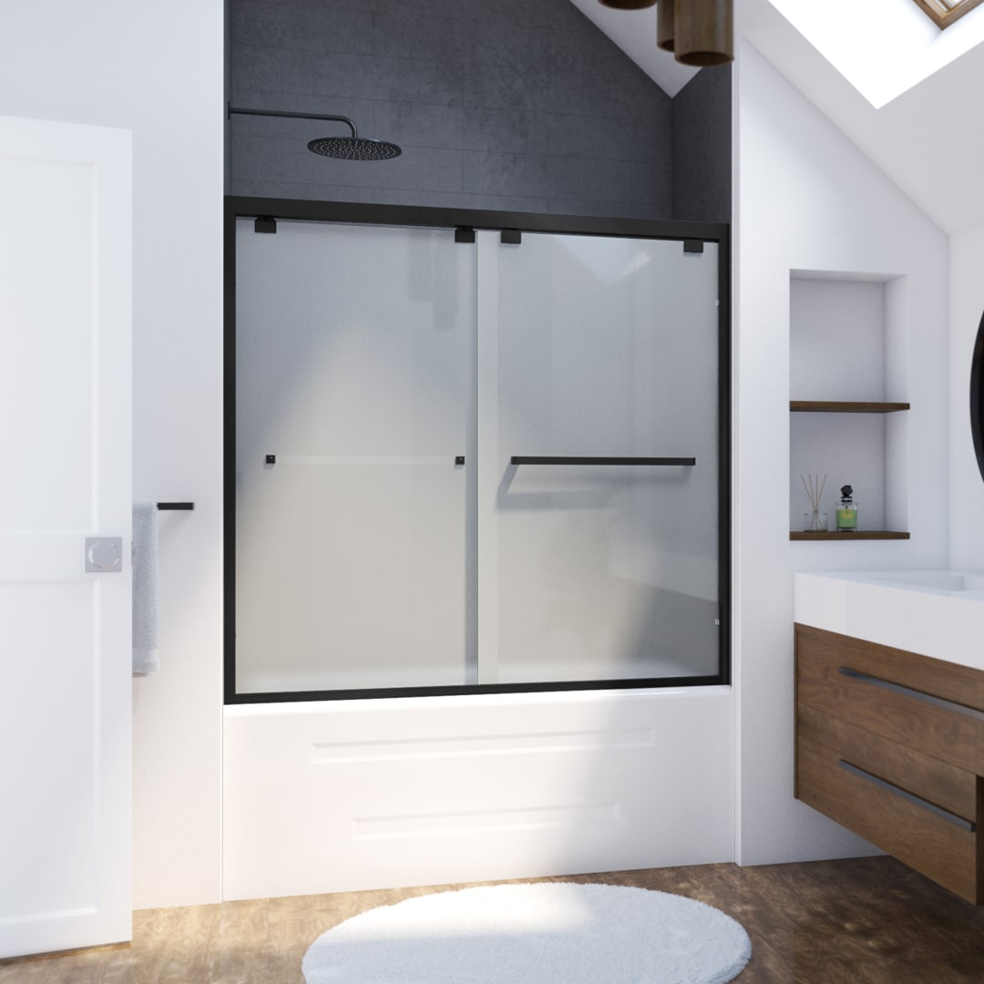 DreamLine Encore 56-60 inch W x 58 inch H Semi-Frameless Bypass Sliding Tub Door in Satin Black with Frosted Glass