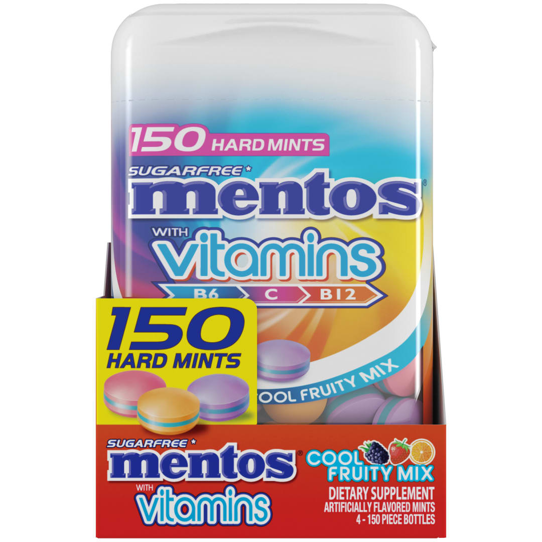 Mentos with Vitamins Hard Mints Cool Fruity Mix 150 pc Large Bottles - 4 Pack