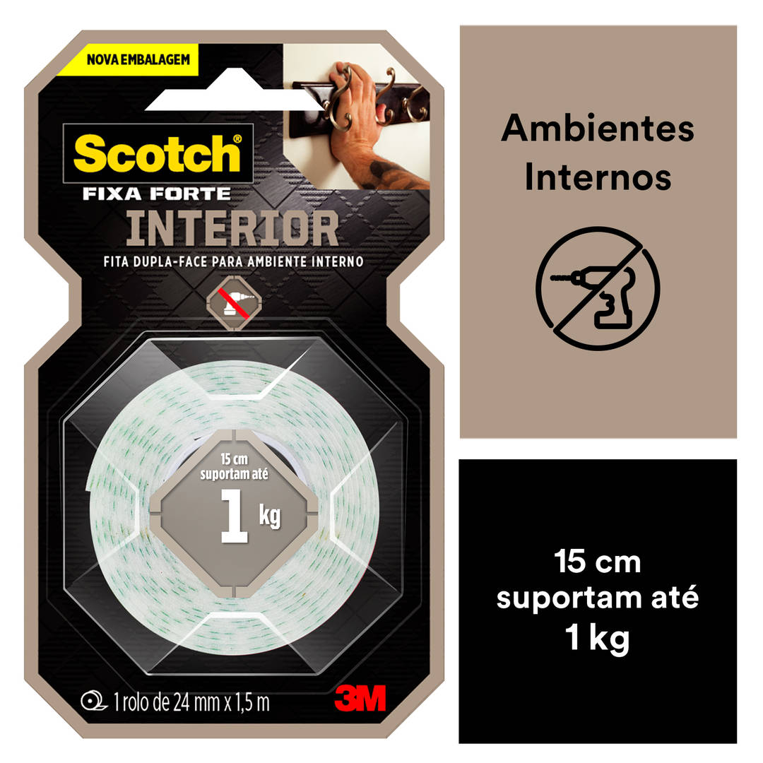 Fita Dupla Face Scotch® Fixa Forte Interiores, Espuma, 24 mm x 1,5 m