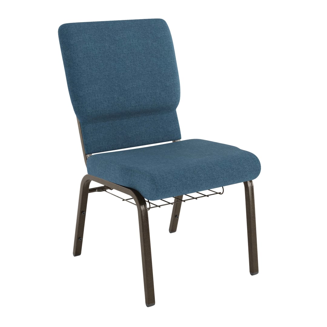 HERCULES Series 18.5''W Church Chair in Blue Fabric with Cup Book Rack - Gold Vein Frame