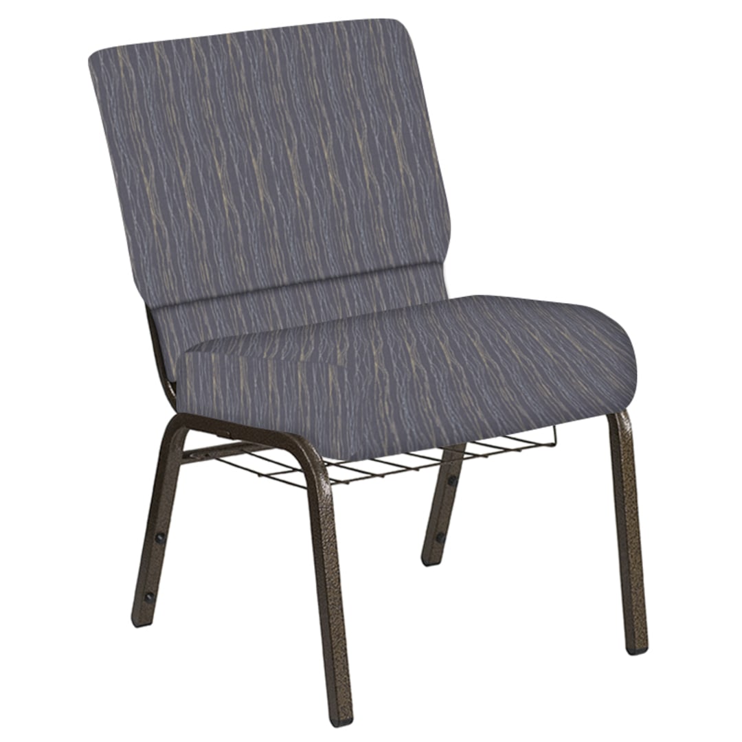 Embroidered 21''W Church Chair in Mystery Hazelwood Fabric with Book Rack - Gold Vein Frame