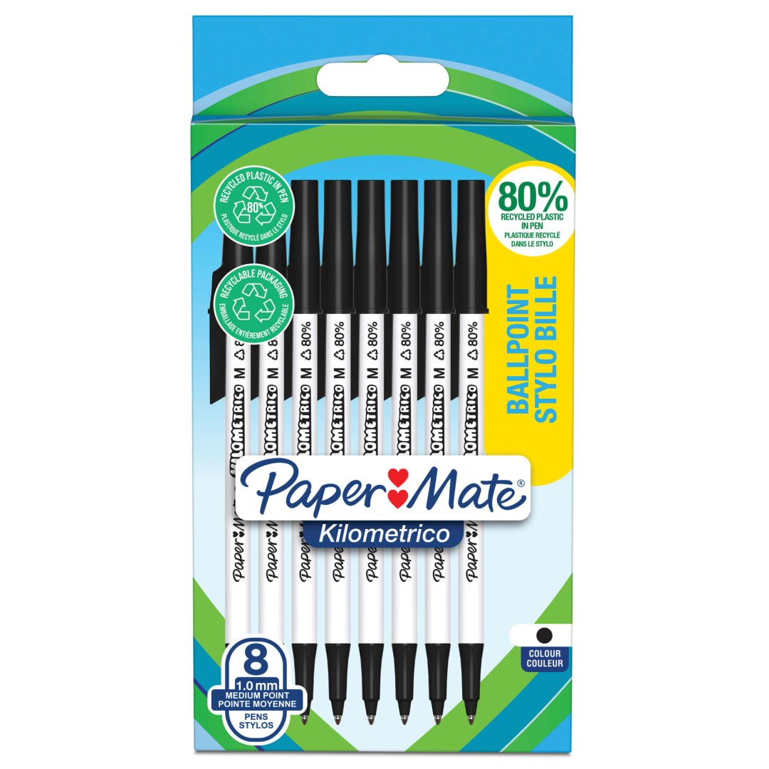 Paper Mate® Kilometrico Ballpoint Pens | Long Writing with Medium Point (1.0mm) | Black Ink | 80% recycled Plastic | 8 Count