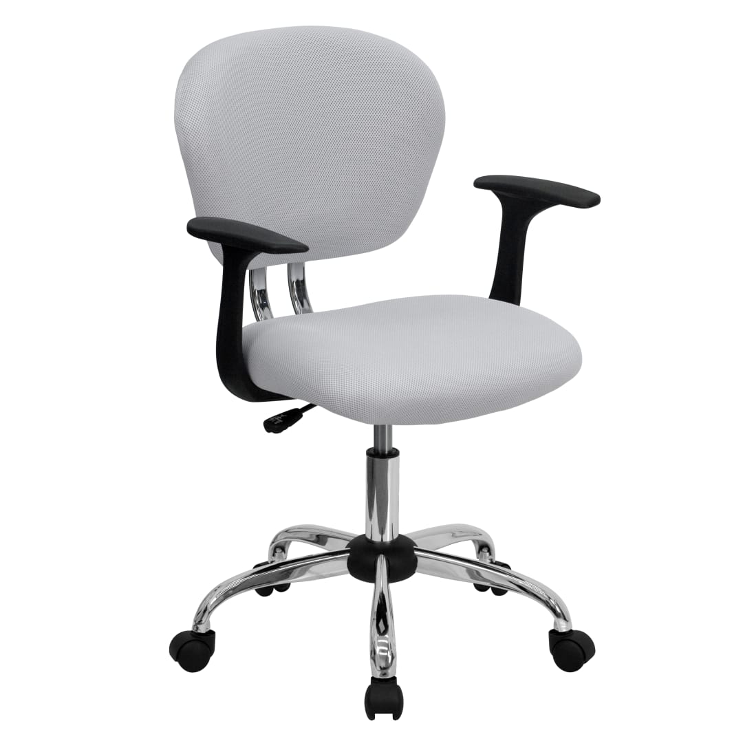 Beverly Mid-Back White Mesh Padded Swivel Task Office Chair with Chrome Base and Arms