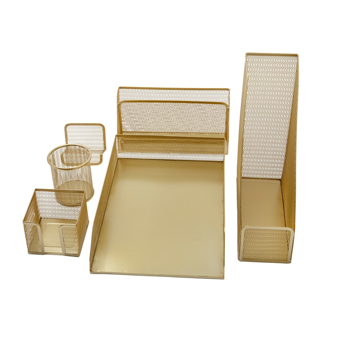 Ryder Gold Mesh Metal 6 Piece Set Desktop Organizers and Accessories, Holds Files, Magazines, Letters, Pens, Sticky Notes and Business Cards