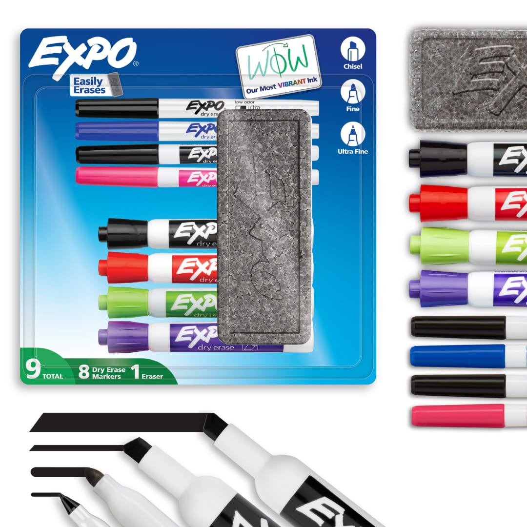 EXPO Dry Erase Markers Kit, Fine and Chisel Tip Markers, Assorted Colors, Eraser, 9 Count