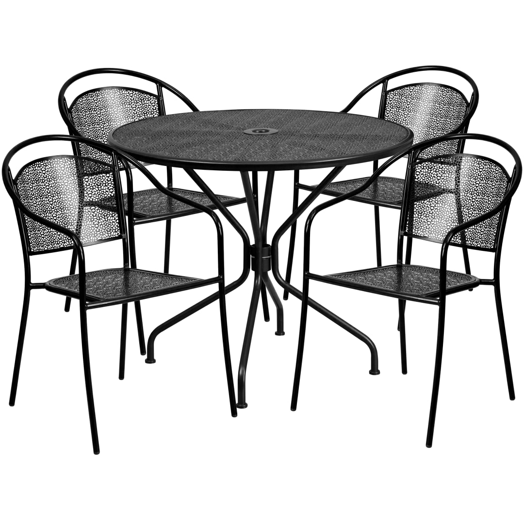 Oia Commercial Grade 35.25" Round Black Indoor-Outdoor Steel Patio Table Set with 4 Round Back Chairs