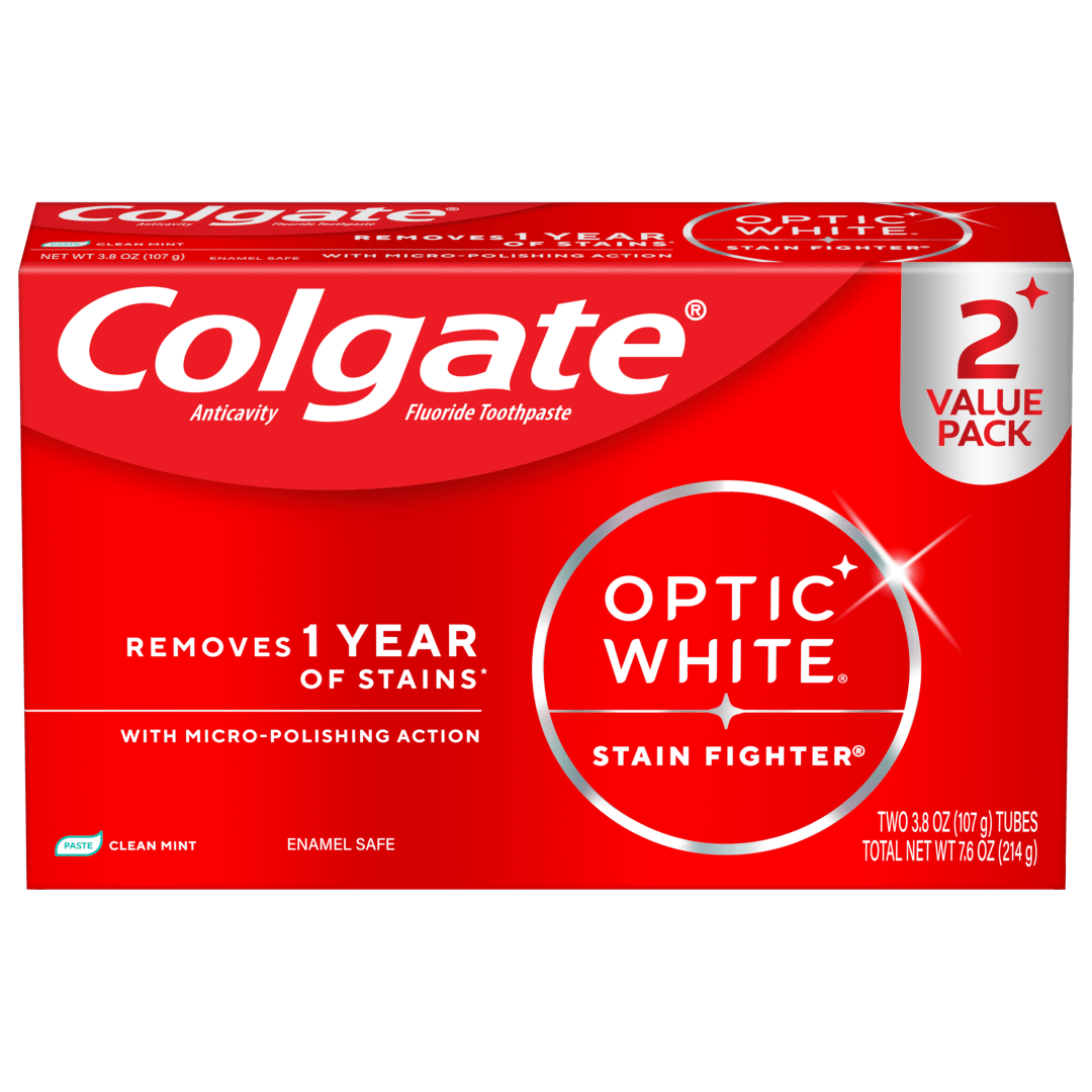 Colgate Optic White Stain Fighter Clean Mint Paste Teeth Whitening Toothpaste, Anticavity Toothpaste with Fluoride, 2 Pack, 3.8 OZ