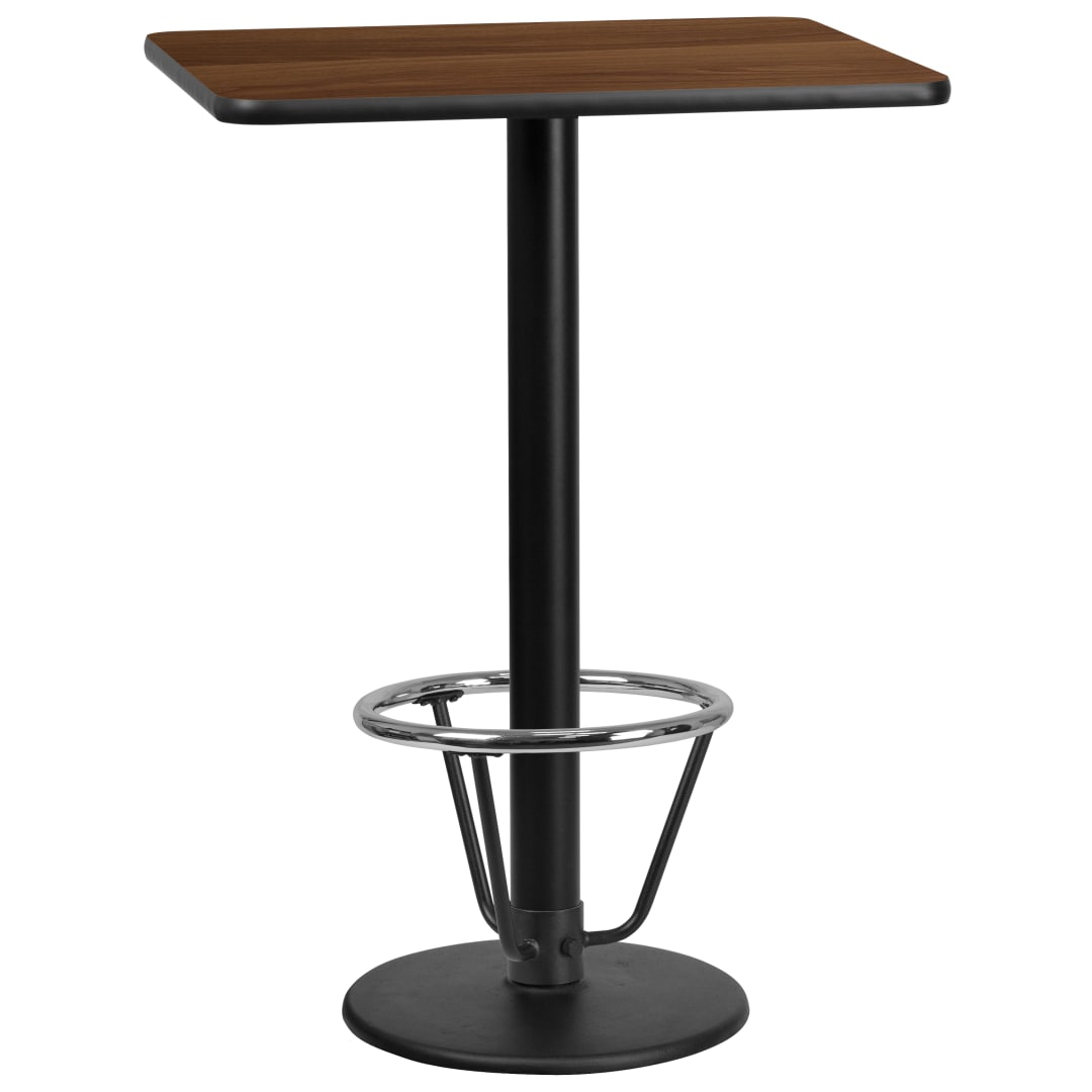 Stiles 24'' x 30'' Rectangular Walnut Laminate Table Top with 18'' Round Bar Height Table Base and Foot Ring