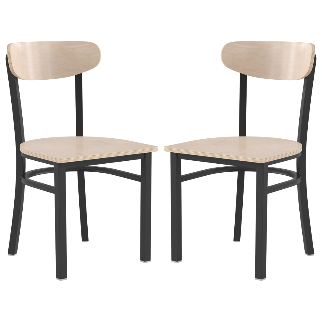 Wright Set of 2 Commercial Grade Dining Chairs with 500 LB. Capacity Black Steel Frame, Solid Wood Seat, and Boomerang Back, Natural Birch Finish