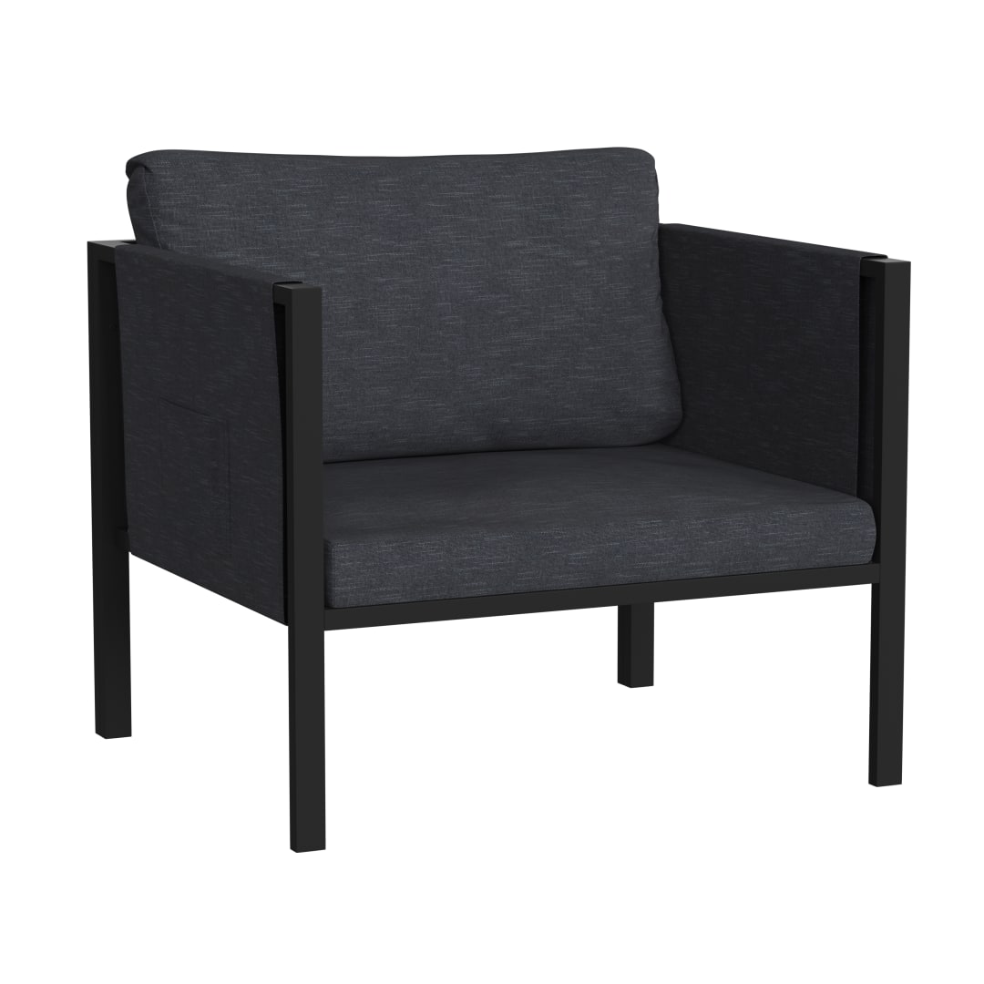 Lea Indoor/Outdoor Patio Chair with Cushions - Modern Steel Framed Chair with Storage Pockets, Black with Charcoal Cushions