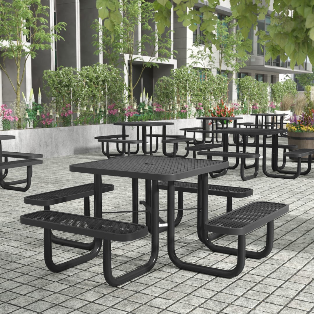 Creekside 46" Square Outdoor Picnic Table with Commercial Grade Heavy Gauge Expanded Metal Mesh Top and Seats and Steel Frame in Black with Anchors