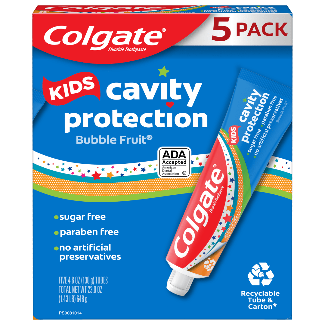 Colgate Kids Cavity Protection Toothpaste, Kids Toothpaste with Fluoride, Helps Fight Cavities, Safe for Ages 2+, Mild Bubble Fruit Flavor, Sugar-Free, Kids Fluoride Toothpaste, 4.6 Oz Tube, 5 Pack