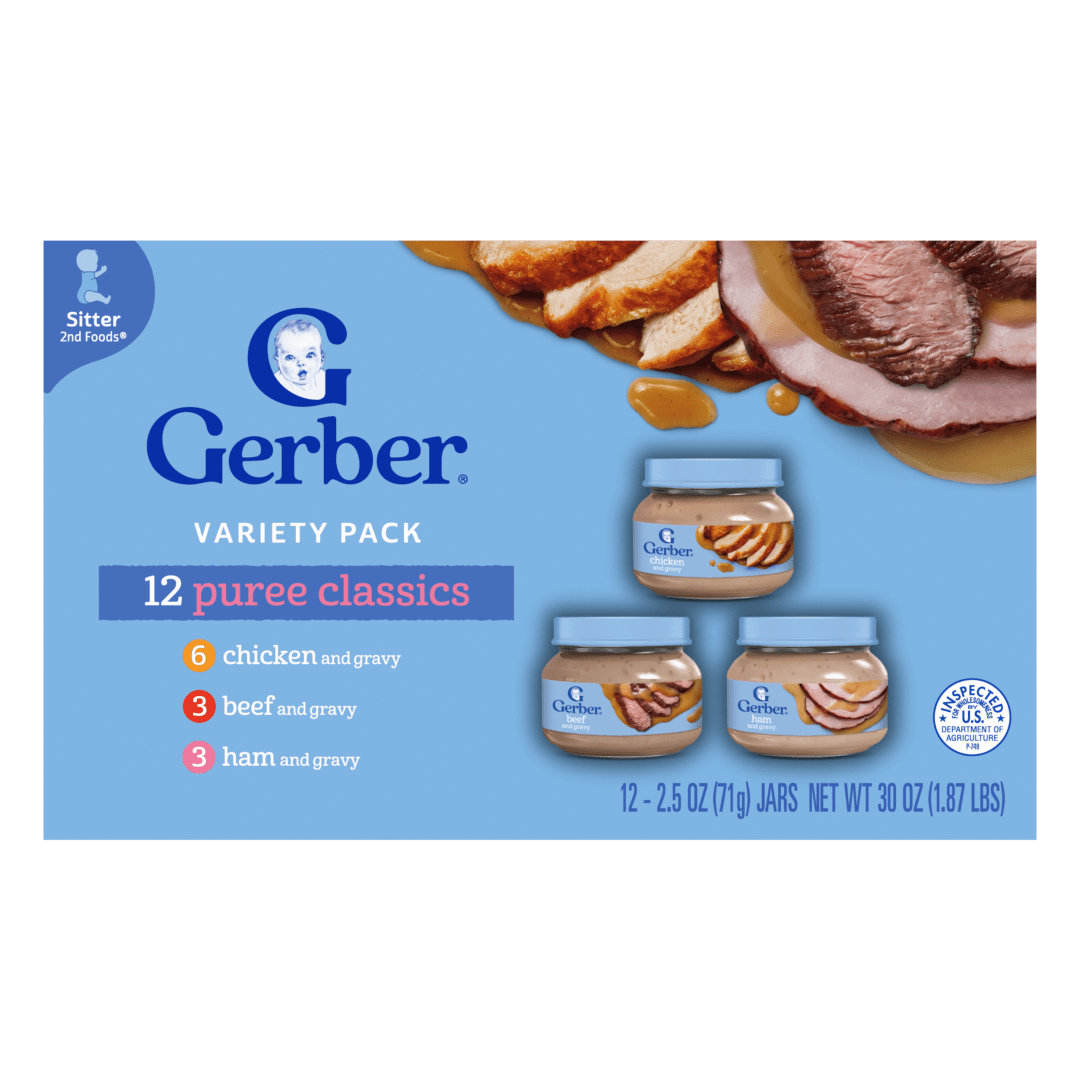 Gerber Stage 2 Baby Food, Chicken, Ham & Beef Variety Pack Jars, Baby Puree, 12PK