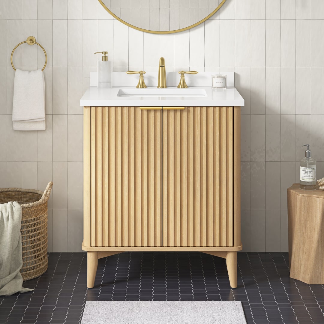 Gabi 30 in. Single Sink Freestanding Rustic Ash Bathroom Vanity with White Engineered Stone Top