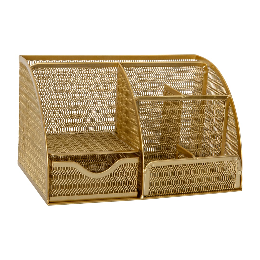 Ryder Gold Mesh Metal Small Desktop Organizer for Office Accessories, Notebooks, Pen Holder and Drawer