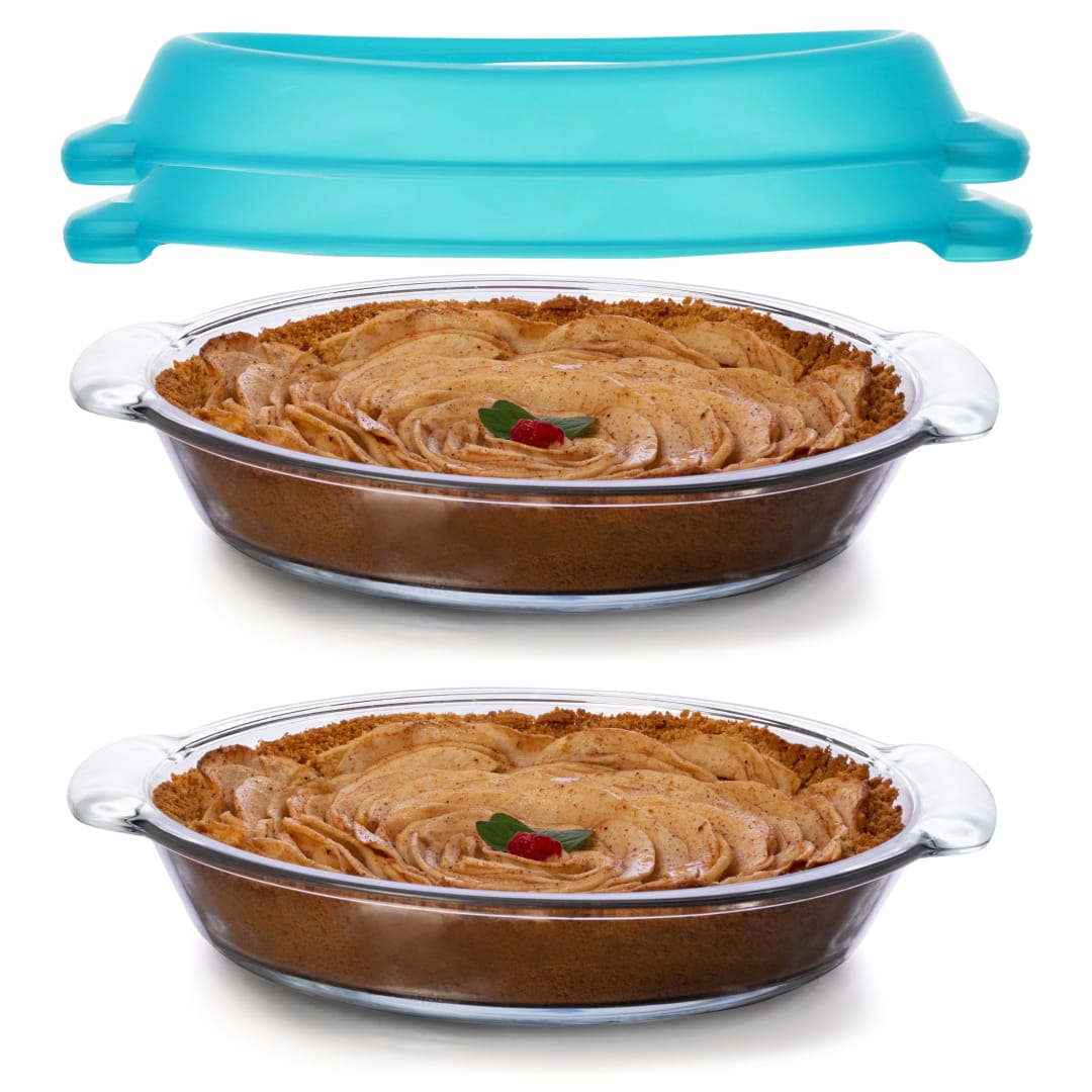 Libbey Baker’s Premium Glass Pie Dish Set of 2 with Lids, 9-Inch Round Baking Dishes, Stackable Bakeware with GreatGrip Handles, Durable Covered Pie Plates