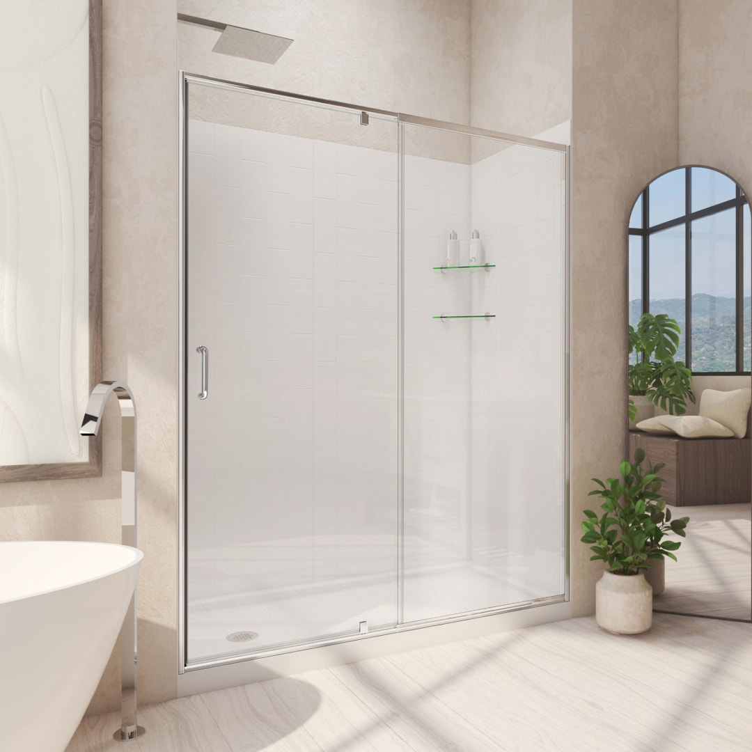 DreamLine Flex 30 inch D x 60 inch W x 76 3/4 inch H Semi-Frameless Pivot Shower Door in Chrome, Left Drain Shower Base, and Wall Kit in White