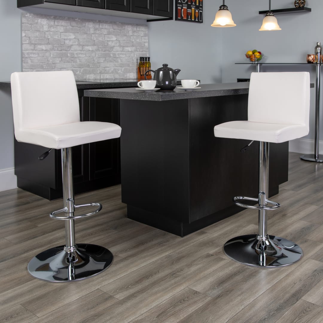 Betty Contemporary White Vinyl Adjustable Height Barstool with Panel Back and Chrome Base