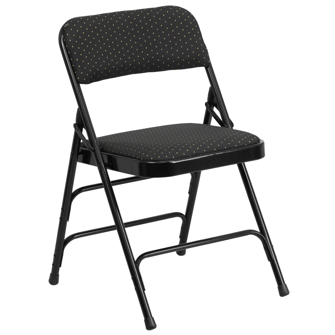 HERCULES Series Curved Triple Braced &amp; Double Hinged Black Patterned Fabric Metal Folding Chair
