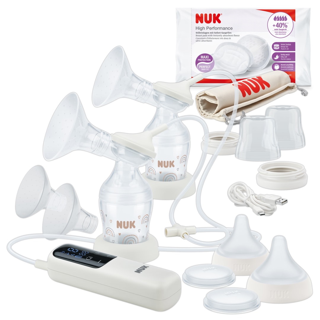 Sacaleches eléctrico doble Soft & Easy de NUK | Copas suaves 100 % de silicona | Pequeño, ligero y silencioso | Batería recargable para viajar | Copas de 24 y 27 mm | 2 biberones Perfect Match mm