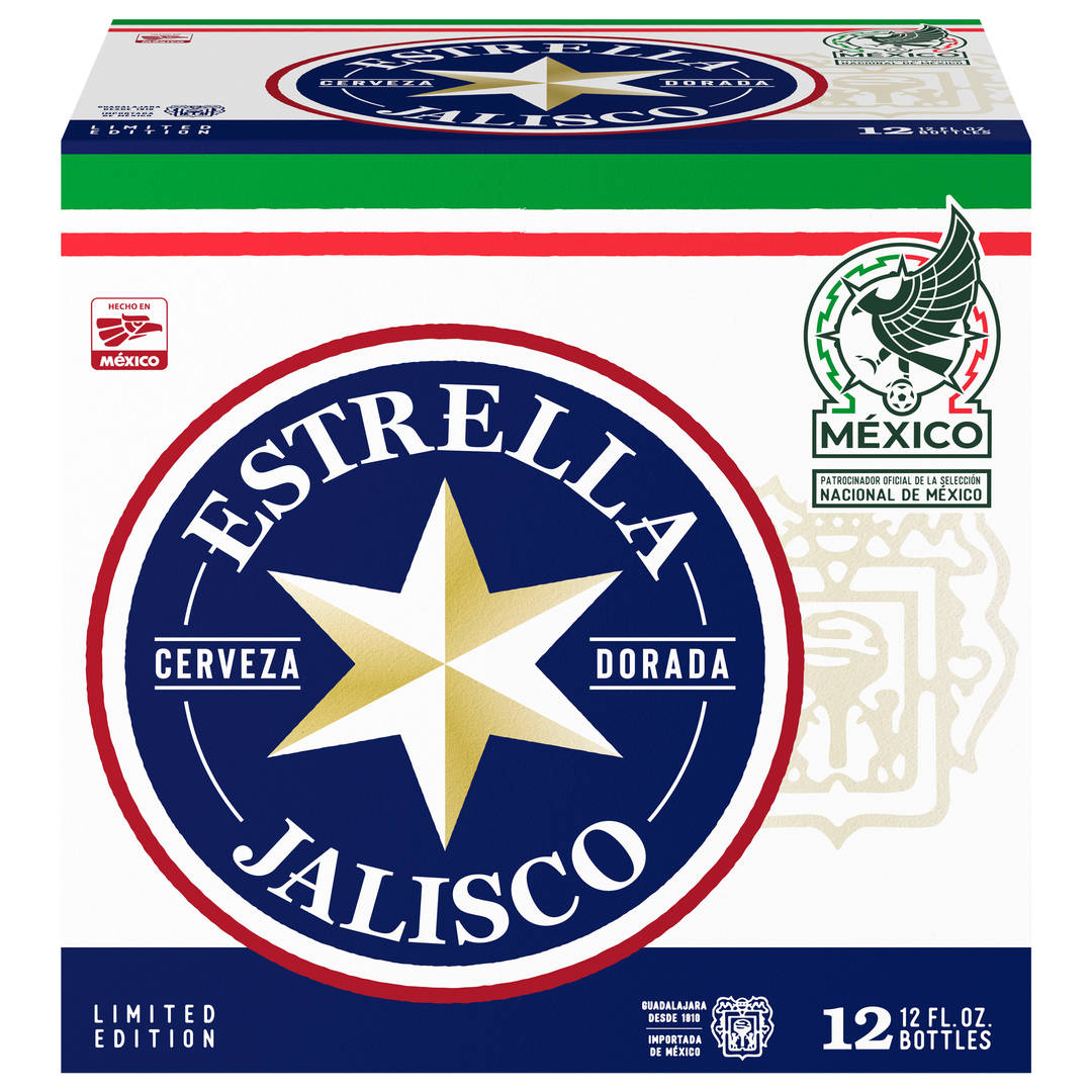 Estrella Jalisco Cerveza MNT 2026 PROMO 12x12 oz Glass Bottle Top Load Corrugate CARTON Pre-Print - IMPORT from Mexico