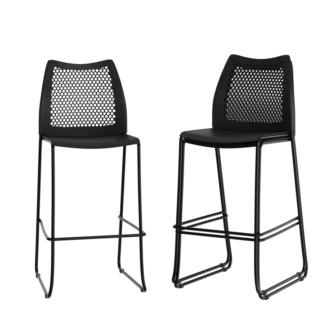 3 Pack HERCULES Series Black Stack Bar Stool with Air-Vent Back and Black Powder Coated Sled Base