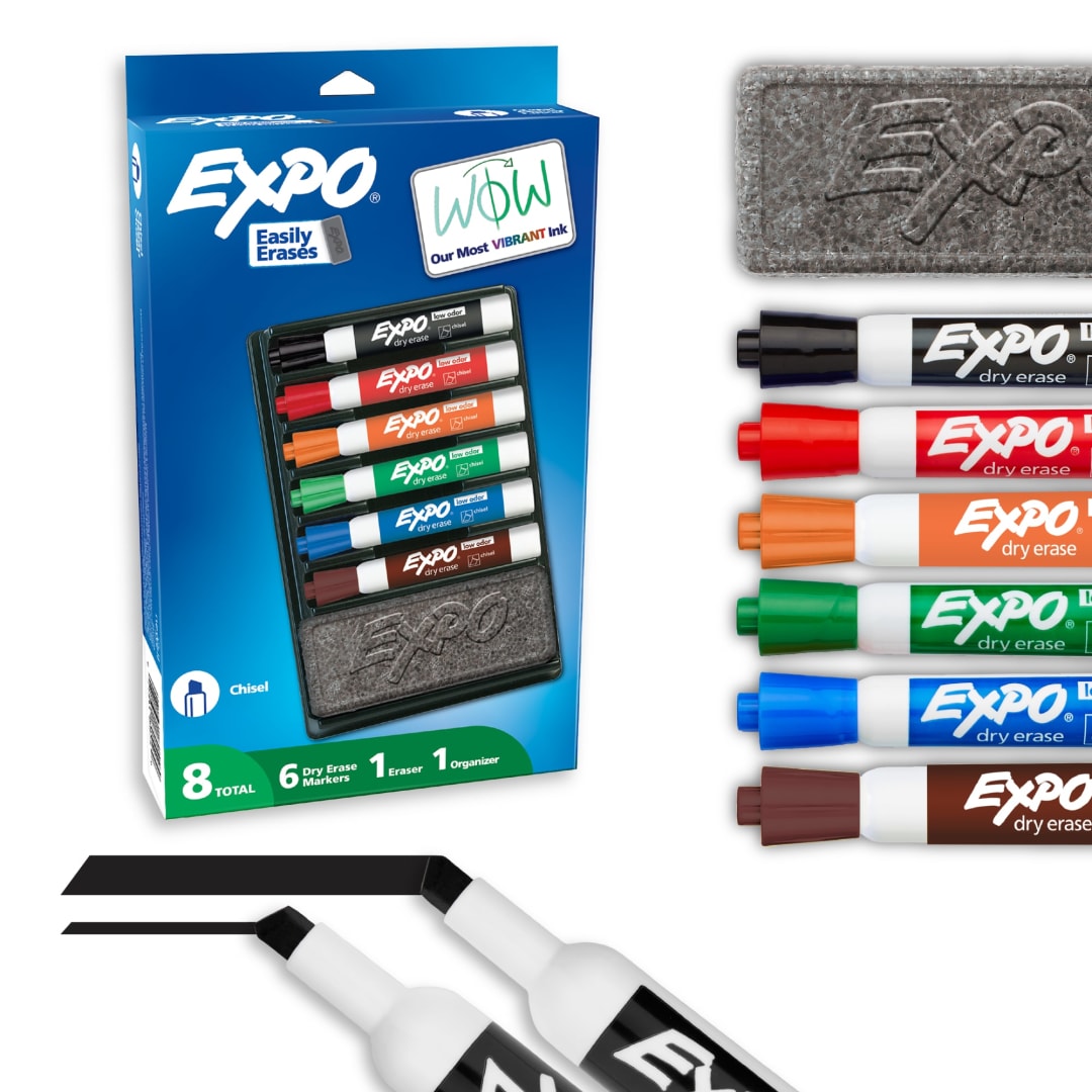 EXPO Dry Erase Markers Kit, Chisel Tip, Assorted Colors, Eraser, Organizer, 8 Count