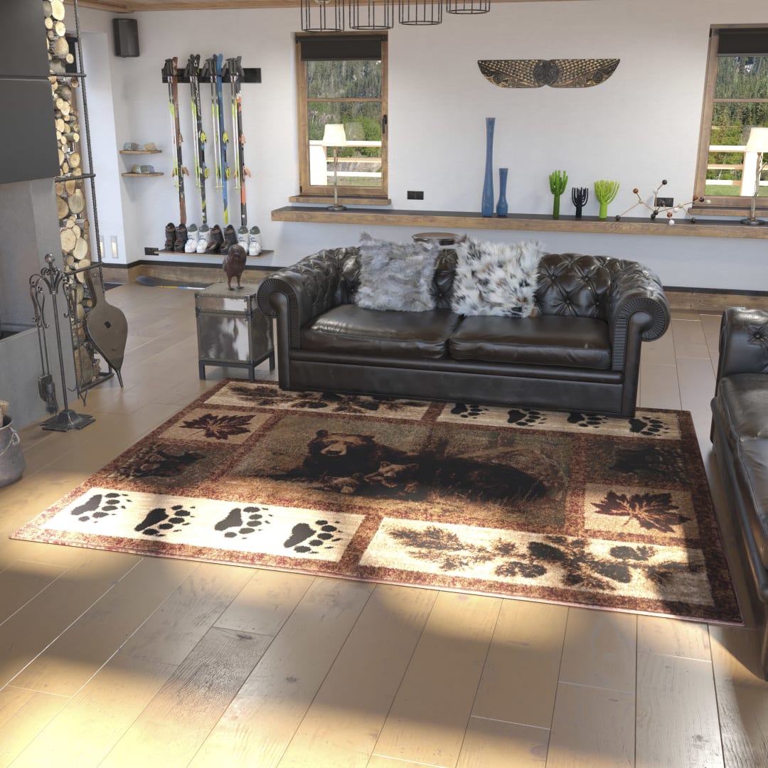 Vassa Collection 8' x 10' Mother Bear &amp; Cubs Nature Themed Olefin Area Rug with Jute Backing for Entryway, Living Room, Bedroom