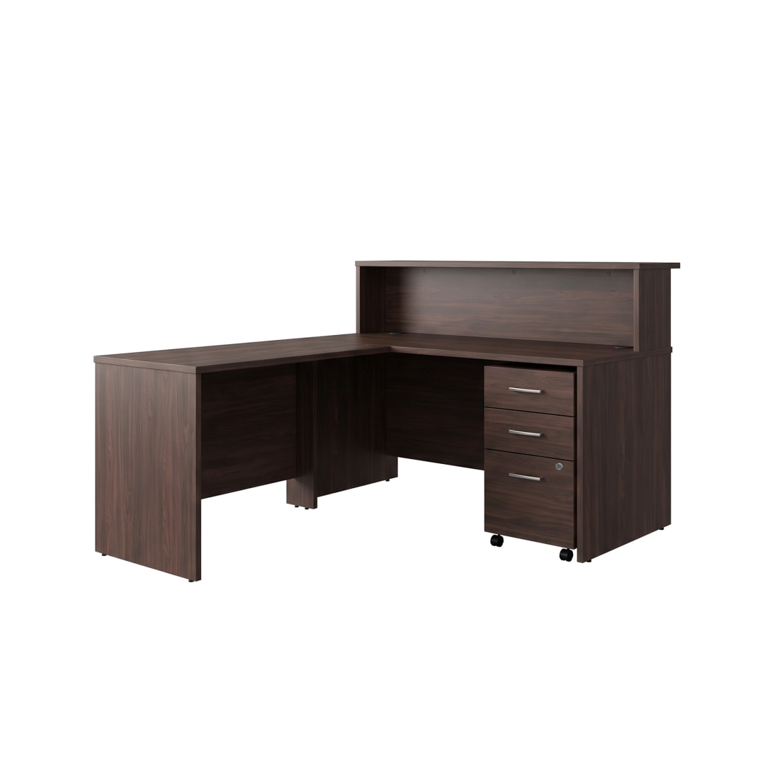 Cornerstone 59.5"W x 71"D Executive Reception L-Desk with 3-Drawer Mobile Pedestal, Espresso