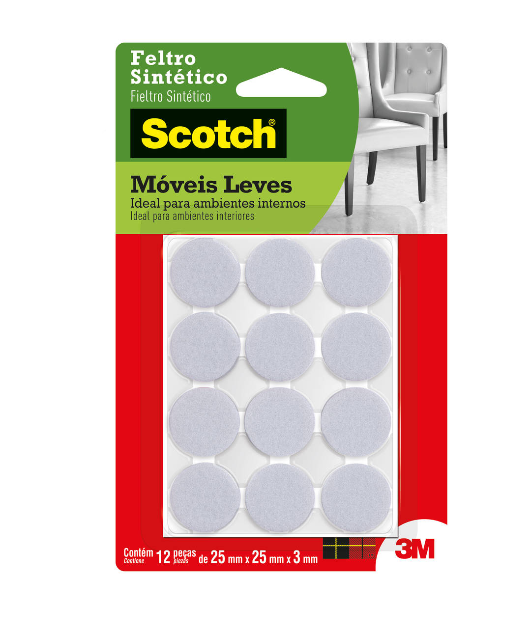 Feltro Sintético para Móveis Leves 3M™ Scotch™ Redondo, Branco, Médio, 12 Unidades