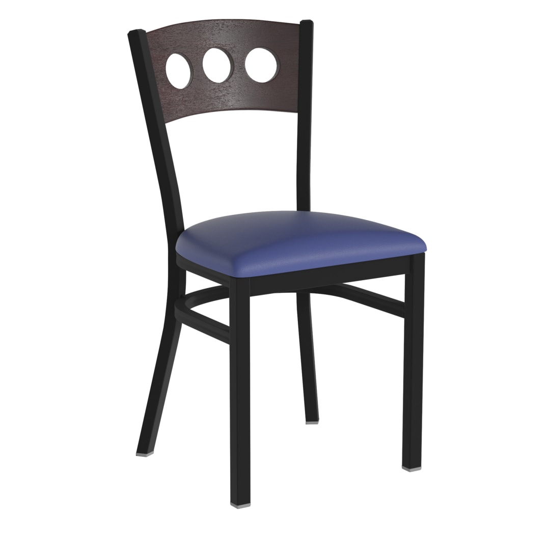 HERCULES Black 3 Circle Back Metal Restaurant Chair - Walnut Wood Back, Blue Vinyl Seat