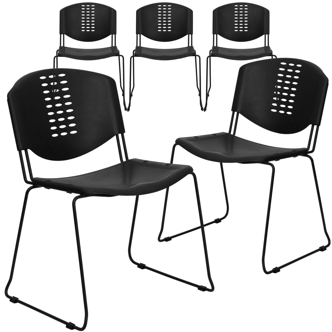 5 Pack HERCULES Series 400 lb. Capacity Black Plastic Stack Chair with Black Frame