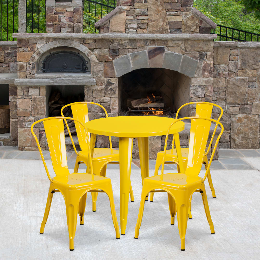Dalton Commercial Grade 30" Round Yellow Metal Indoor-Outdoor Table Set with 4 Cafe Chairs