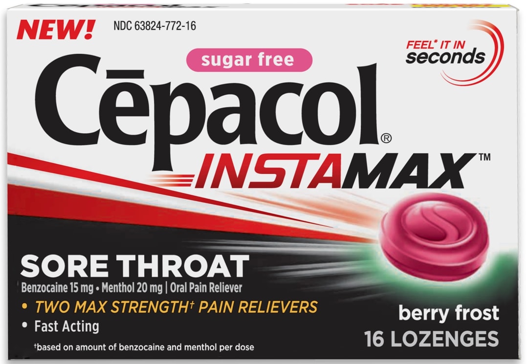 Cepacol InstaMax Sugar Free Sore Throat & Cough Drop Lozenges, Berry Frost (16ct)