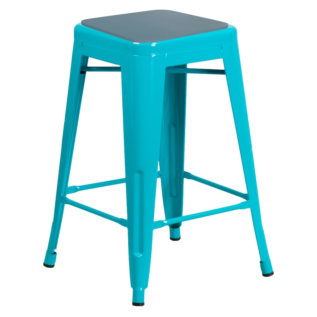 Kai Commercial Grade 24" High Backless Crystal Blue-Teal Metal Indoor-Outdoor Bar Height Stool with Teal All-Weather Polystyrene Seat