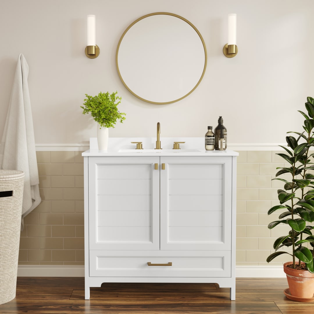 Haven 36" Bathroom Vanity with Sink, Storage Cabinet with Gold Hardware, Soft Close Doors and Bottom Drawer, Carrara Marble Finish Countertop, White