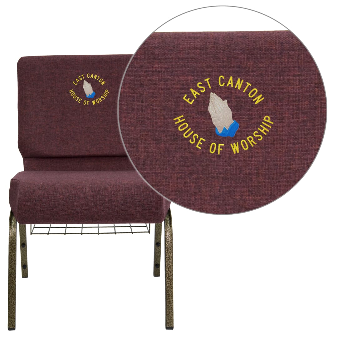 Embroidered HERCULES Series 21''W Church Chair in Plum Fabric with Cup Book Rack - Gold Vein Frame