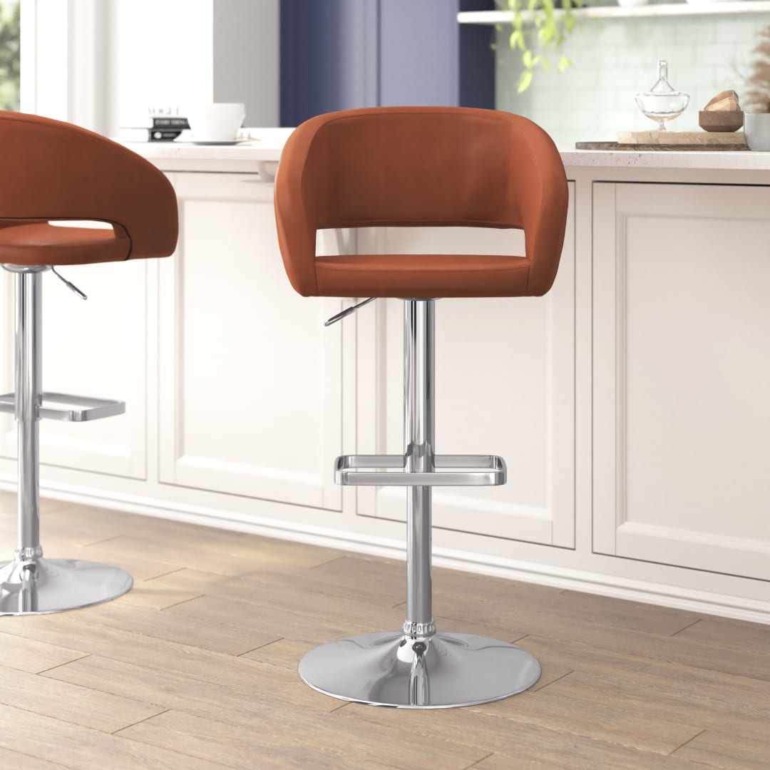 Erik Contemporary Cognac Vinyl Adjustable Height Barstool with Rounded Mid-Back and Chrome Base
