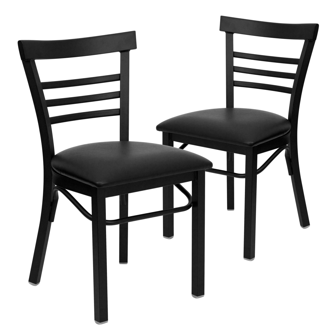 2 Pack HERCULES Series Black Three-Slat Ladder Back Metal Restaurant Chair - Black Vinyl Seat