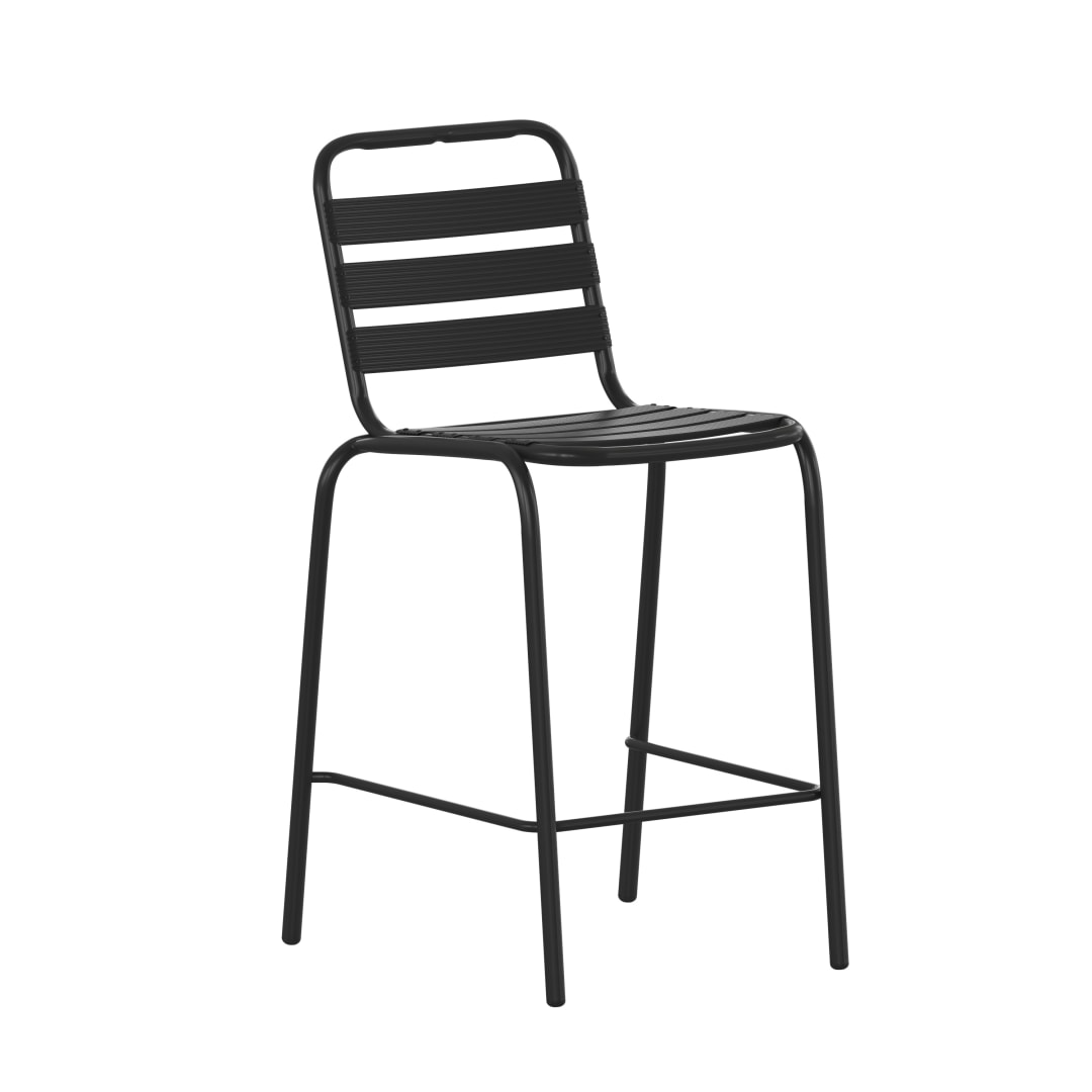 Lila Commercial Black Metal Indoor-Outdoor Restaurant Bar Height Stool with Metal Triple Slat Back