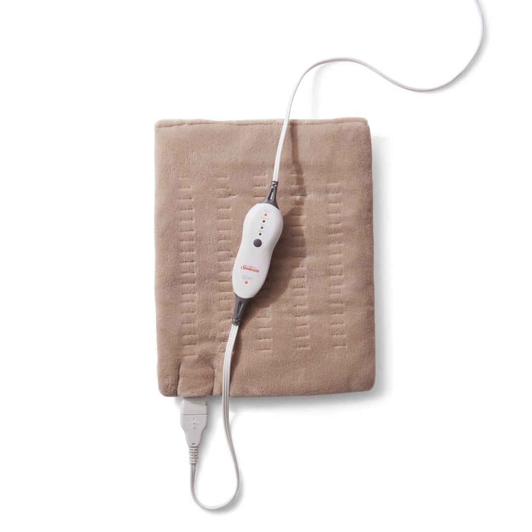 Sunbeam Premium Standard Size Heating Pad with Compact Storage | Moist Electric Heating Pad for Targeted Pain Relief of Back, Neck and Shoulders | 4 Heat Settings | 2 Hour Auto-Off | 12 x 15-Inch | Beige