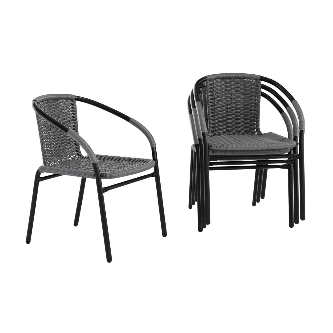 Lila Set of 4 Commercial Grade Gray Rattan Indoor-Outdoor Restaurant Stack Chairs