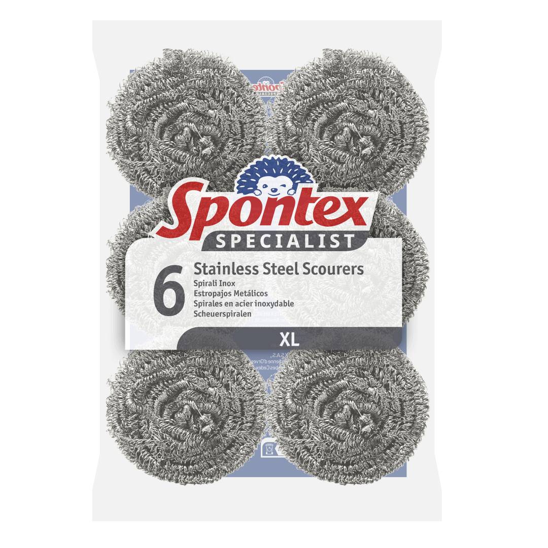 Spontex Specialist Estropajos de acero inoxidable | XL | Estropajos metálicos resistentes para lavar, quitar la grasa y fregar la vajilla de manera profesional | Paquete de 6