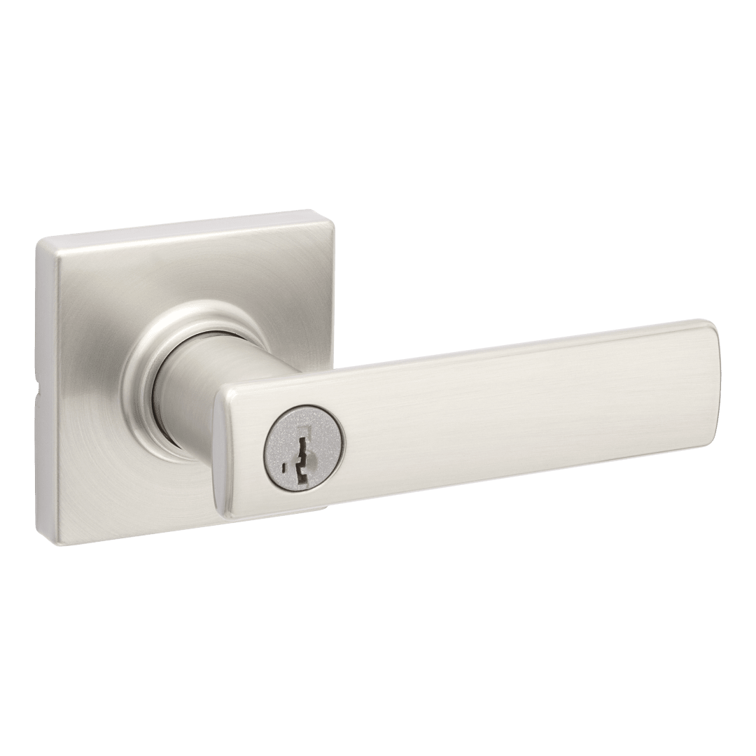 Breton Square Keyed Entry Lever featuring SmartKey Security™ and Microban in Satin Nickel